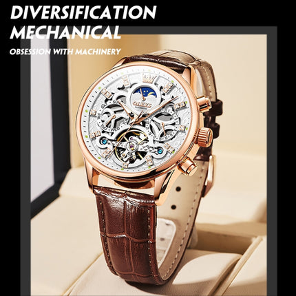 OLEVS 6658 Men Luminous Waterproof Leather Strap Mechanical Watch(White + Rose Gold)-garmade.com