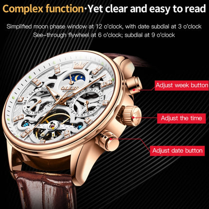 OLEVS 6658 Men Luminous Waterproof Leather Strap Mechanical Watch(White + Rose Gold)-garmade.com