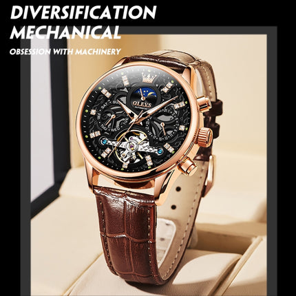 OLEVS 6658 Men Luminous Waterproof Leather Strap Mechanical Watch(Black + Rose Gold)-garmade.com