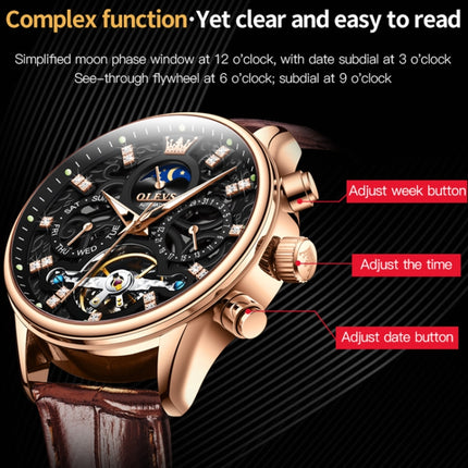 OLEVS 6658 Men Luminous Waterproof Leather Strap Mechanical Watch(Black + Rose Gold)-garmade.com