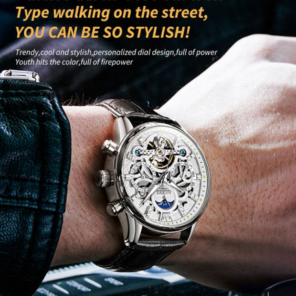 OLEVS 6658 Men Luminous Waterproof Leather Strap Mechanical Watch(White)-garmade.com