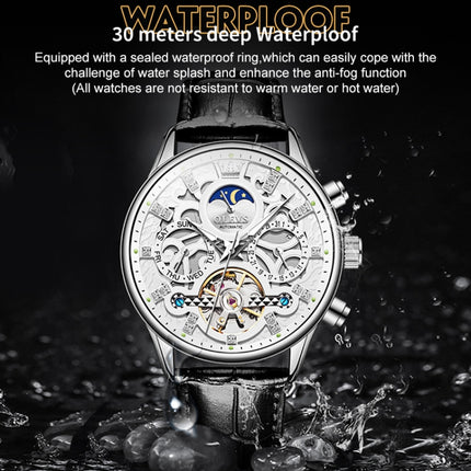 OLEVS 6658 Men Luminous Waterproof Leather Strap Mechanical Watch(White)-garmade.com