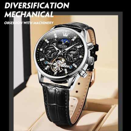 OLEVS 6658 Men Luminous Waterproof Leather Strap Mechanical Watch(Black)-garmade.com