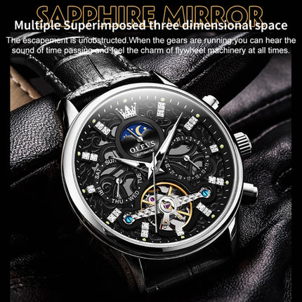 OLEVS 6658 Men Luminous Waterproof Leather Strap Mechanical Watch(Black)-garmade.com