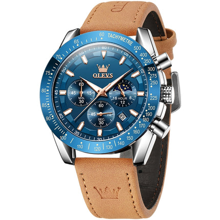 OLEVS 9957 Men Luminous Waterproof Leather Strap Quartz Watch(Blue)-garmade.com