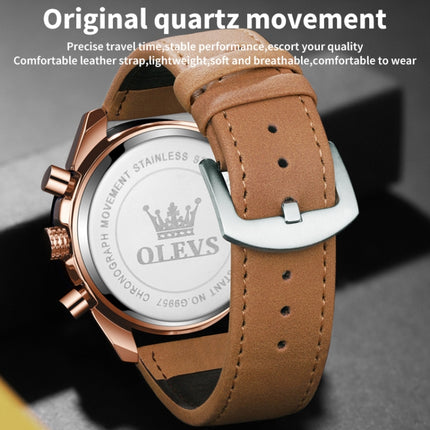 OLEVS 9957 Men Luminous Waterproof Leather Strap Quartz Watch(Blue + Rose Gold)-garmade.com