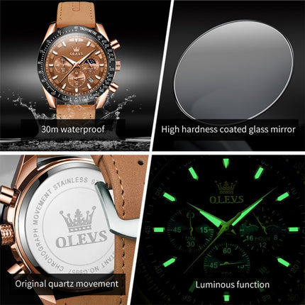 OLEVS 9957 Men Luminous Waterproof Leather Strap Quartz Watch(Blue + Rose Gold)-garmade.com