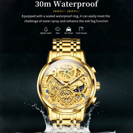 OLEVS 9947 Men Multifunctional Hollow Waterproof Quartz Watch(Gold)-garmade.com