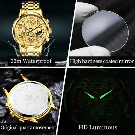OLEVS 9947 Men Multifunctional Hollow Waterproof Quartz Watch(Gold)-garmade.com