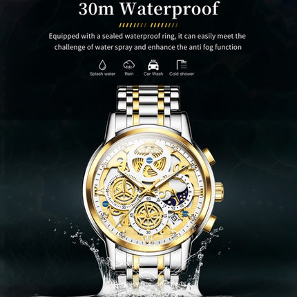 OLEVS 9947 Men Multifunctional Hollow Waterproof Quartz Watch(White + Gold)-garmade.com