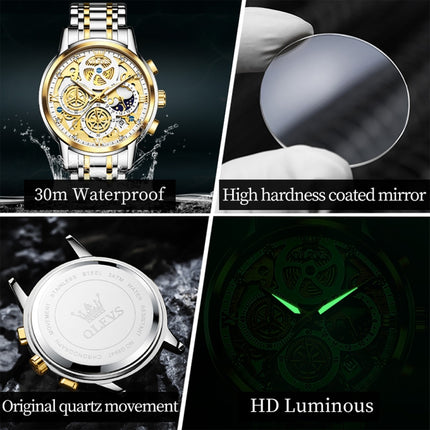 OLEVS 9947 Men Multifunctional Hollow Waterproof Quartz Watch(White + Gold)-garmade.com