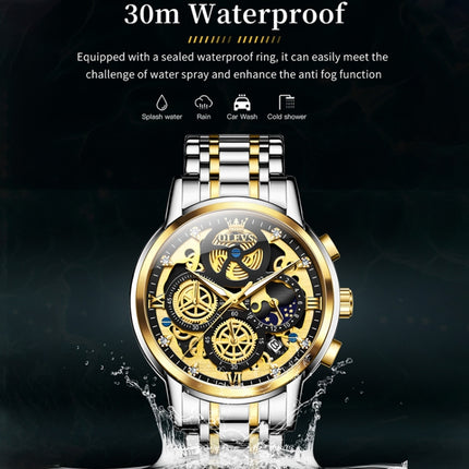 OLEVS 9947 Men Multifunctional Hollow Waterproof Quartz Watch(Black + Gold)-garmade.com