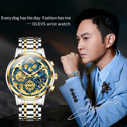 OLEVS 9947 Men Multifunctional Hollow Waterproof Quartz Watch(Blue + Gold)-garmade.com
