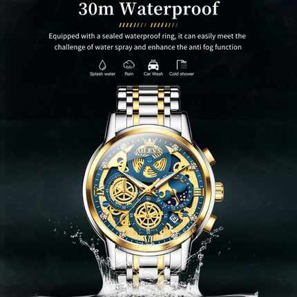 OLEVS 9947 Men Multifunctional Hollow Waterproof Quartz Watch(Blue + Gold)-garmade.com