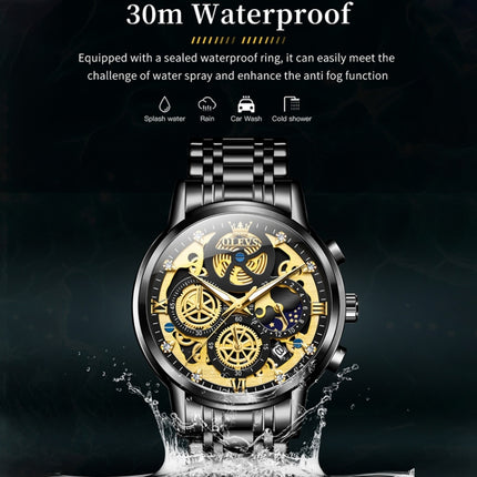 OLEVS 9947 Men Multifunctional Hollow Waterproof Quartz Watch(Black)-garmade.com