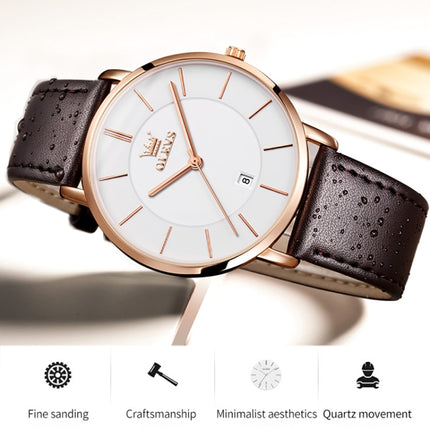 OLEVS 5869 Men Business Waterproof Genuine Leather Strap Quartz Watch(White + Dark Brown)-garmade.com