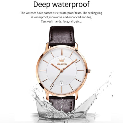 OLEVS 5869 Men Business Waterproof Genuine Leather Strap Quartz Watch(White + Dark Brown)-garmade.com
