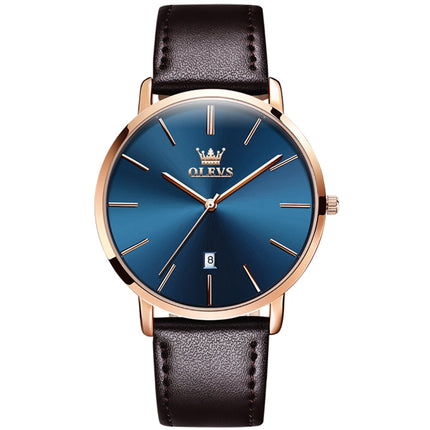 OLEVS 5869 Men Business Waterproof Genuine Leather Strap Quartz Watch(Blue + Rose Gold)-garmade.com
