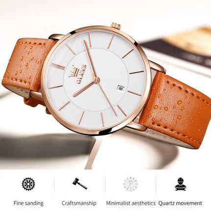 OLEVS 5869 Men Business Waterproof Genuine Leather Strap Quartz Watch(White + Brown)-garmade.com