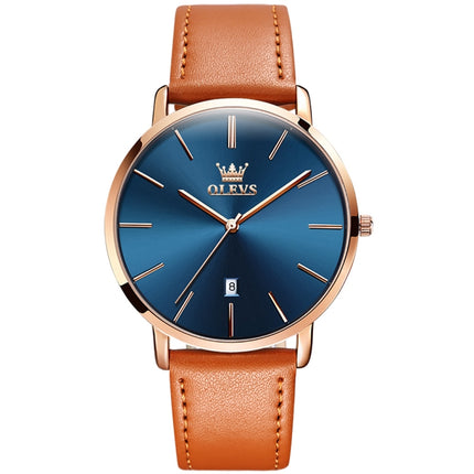 OLEVS 5869 Men Business Waterproof Genuine Leather Strap Quartz Watch(Blue + Brown)-garmade.com