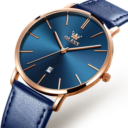OLEVS 5869 Men Business Waterproof Genuine Leather Strap Quartz Watch(Blue + Blue)-garmade.com