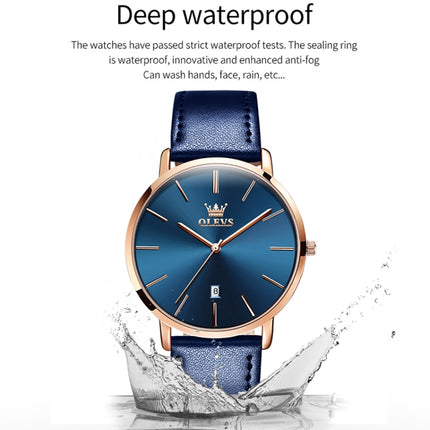 OLEVS 5869 Men Business Waterproof Genuine Leather Strap Quartz Watch(Blue + Blue)-garmade.com