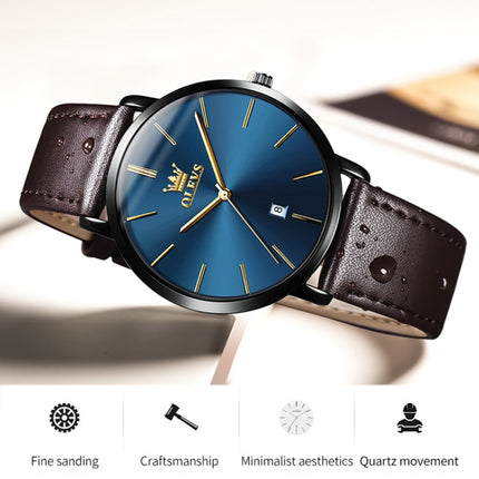OLEVS 5869 Men Business Waterproof Genuine Leather Strap Quartz Watch(Blue + Dark Brown)-garmade.com