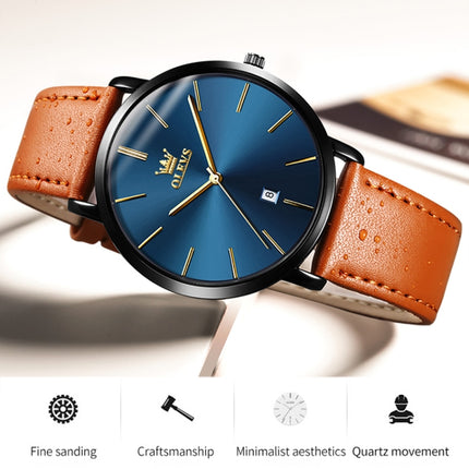 OLEVS 5869 Men Business Waterproof Genuine Leather Strap Quartz Watch(Blue Black Brown)-garmade.com