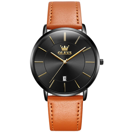 OLEVS 5869 Men Business Waterproof Genuine Leather Strap Quartz Watch(Black + Brown)-garmade.com