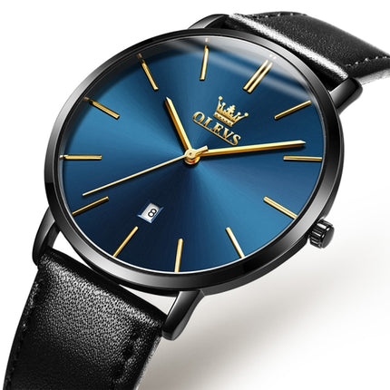 OLEVS 5869 Men Business Waterproof Genuine Leather Strap Quartz Watch(Black + Blue)-garmade.com
