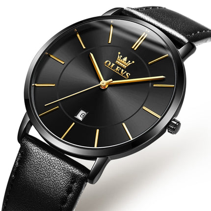 OLEVS 5869 Men Business Waterproof Genuine Leather Strap Quartz Watch(Black)-garmade.com