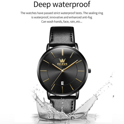 OLEVS 5869 Men Business Waterproof Genuine Leather Strap Quartz Watch(Black)-garmade.com