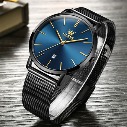 OLEVS 5869 Men Business Waterproof Steel Strap Quartz Watch(Blue + Black)-garmade.com