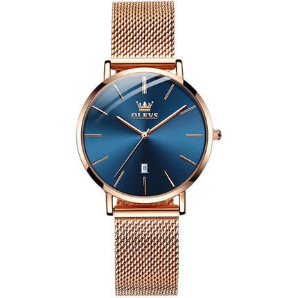 OLEVS 5869 Ladies Business Waterproof Steel Strap Quartz Watch(Blue + Rose Gold)-garmade.com