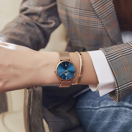 OLEVS 5869 Ladies Business Waterproof Steel Strap Quartz Watch(Blue + Rose Gold)-garmade.com