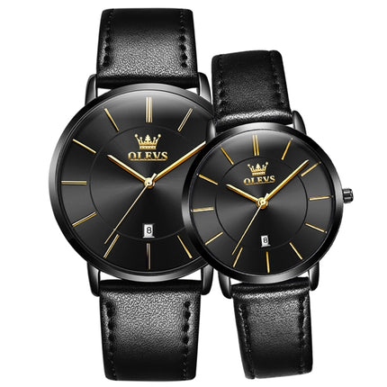 OLEVS 5869 1 Pair Couple Waterproof Genuine Leather Strap Quartz Watch(Black)-garmade.com