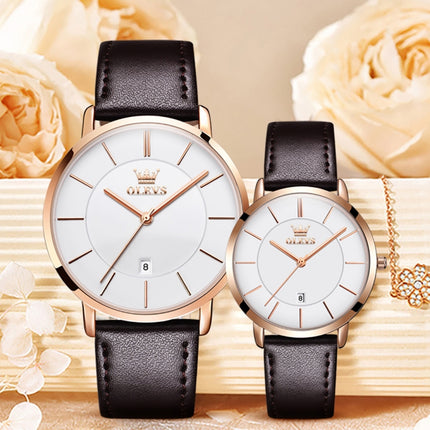 OLEVS 5869 1 Pair Couple Waterproof Genuine Leather Strap Quartz Watch(White + Rose Gold)-garmade.com
