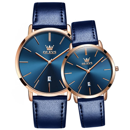 OLEVS 5869 1 Pair Couple Waterproof Genuine Leather Strap Quartz Watch(Blue)-garmade.com