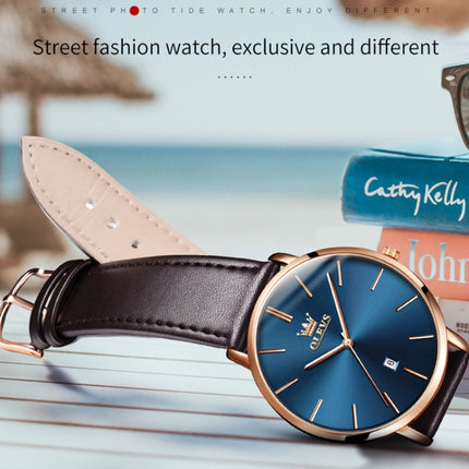 OLEVS 5869 1 Pair Couple Waterproof Genuine Leather Strap Quartz Watch(Blue + Black)-garmade.com