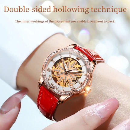 OLEVS 6681 Women Multifunctional Hollow Waterproof Mechanical Watch(White Surface Red Belt)-garmade.com