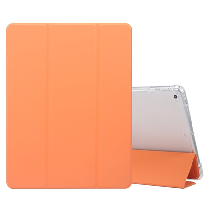 For iPad 9.7(2018)/(2017)/Air 2/Air 3-folding Electric Pressed Skin Texture Horizontal Flip Shockproof Transparent TPU + PU Leather Case with Holder & Pen Slot & Sleep / Wake-up Function(Orange)-garmade.com