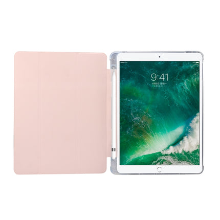 For iPad 9.7(2018)/(2017)/Air 2/Air 3-folding Electric Pressed Skin Texture Horizontal Flip Shockproof Transparent TPU + PU Leather Case with Holder & Pen Slot & Sleep / Wake-up Function(Light Pink)-garmade.com