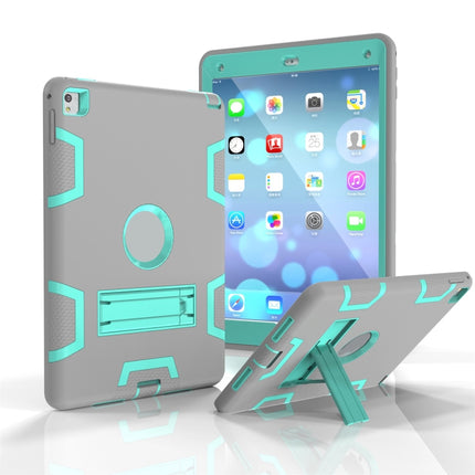 For iPad 9.7(2017) Shockproof PC + Silicone Protective Case，with Holder(Gray Mint Green)-garmade.com