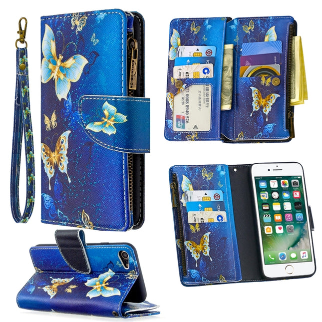 For iPhone 8 & 7 Colored Drawing Pattern Zipper Horizontal Flip Leather Case with Holder & Card Slots & Wallet(Gold Butterfly)-garmade.com
