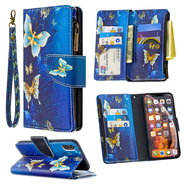 For iPhone XS Max Colored Drawing Pattern Zipper Horizontal Flip Leather Case with Holder & Card Slots & Wallet(Gold Butterfly)-garmade.com