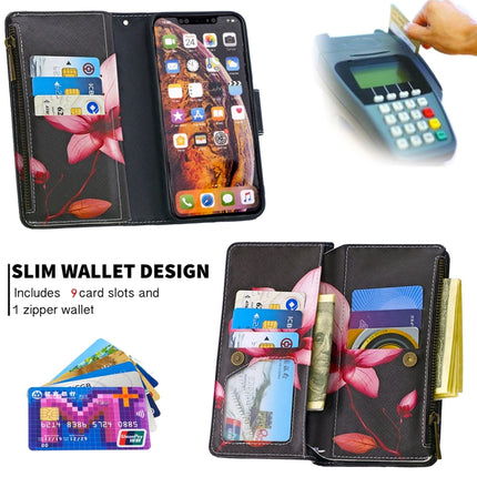 For iPhone XS Max Colored Drawing Pattern Zipper Horizontal Flip Leather Case with Holder & Card Slots & Wallet(Lotus)-garmade.com