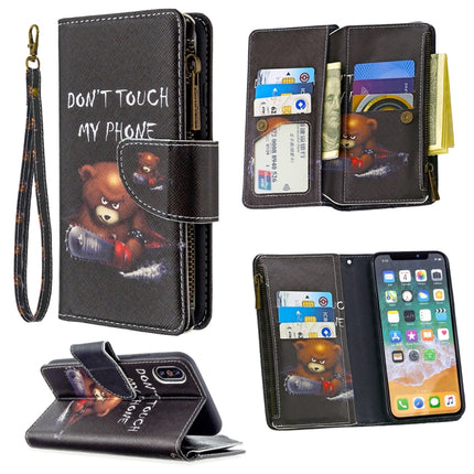 For iPhone XS / X Colored Drawing Pattern Zipper Horizontal Flip Leather Case with Holder & Card Slots & Wallet(Bear)-garmade.com