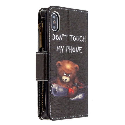 For iPhone XS / X Colored Drawing Pattern Zipper Horizontal Flip Leather Case with Holder & Card Slots & Wallet(Bear)-garmade.com