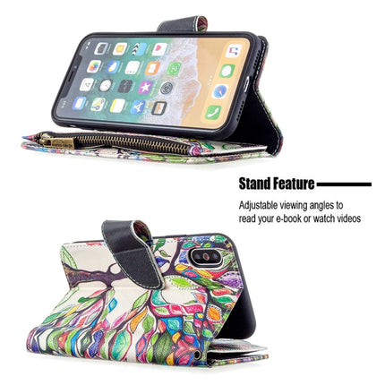 For iPhone XS / X Colored Drawing Pattern Zipper Horizontal Flip Leather Case with Holder & Card Slots & Wallet(Tree)-garmade.com
