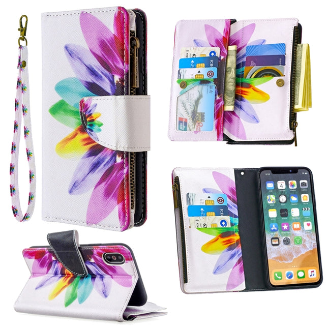For iPhone XS / X Colored Drawing Pattern Zipper Horizontal Flip Leather Case with Holder & Card Slots & Wallet(Sun Flower)-garmade.com